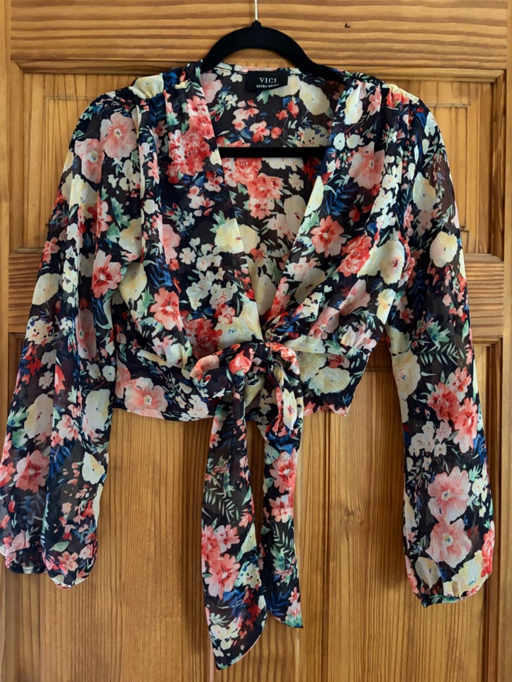 VICI Navy Floral Tie-Front Blouse with Pink & Cream Blooms